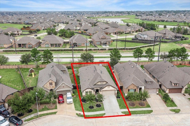 6618 Tiger Trl, Katy, TX 77493 - aerial perspective of suburban area with property parcel outlined and a nearby body of water