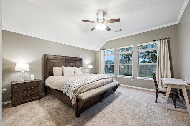 bedroom featuring light carpet, visible vents, baseboards, vaulted ceiling, and crown molding