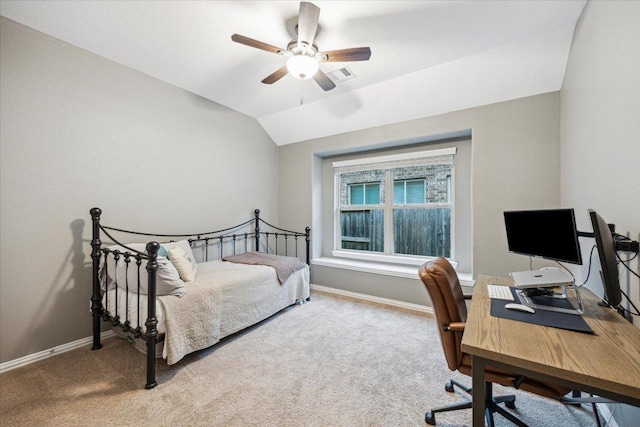 bedroom with carpet, visible vents, vaulted ceiling, and baseboards