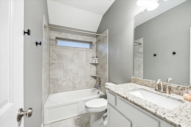 6618 Tiger Trl, Katy, TX 77493 - full bathroom with toilet, vanity, shower / washtub combination, tile patterned floors, and lofted ceiling