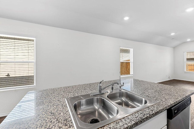 kitchen with a sink, a healthy amount of sunlight, stainless steel dishwasher, and lofted ceiling