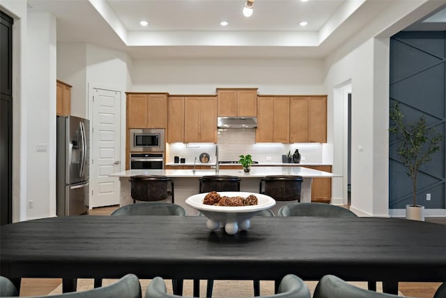 kitchen featuring decorative backsplash, an island with sink, appliances with stainless steel finishes, light countertops, and under cabinet range hood