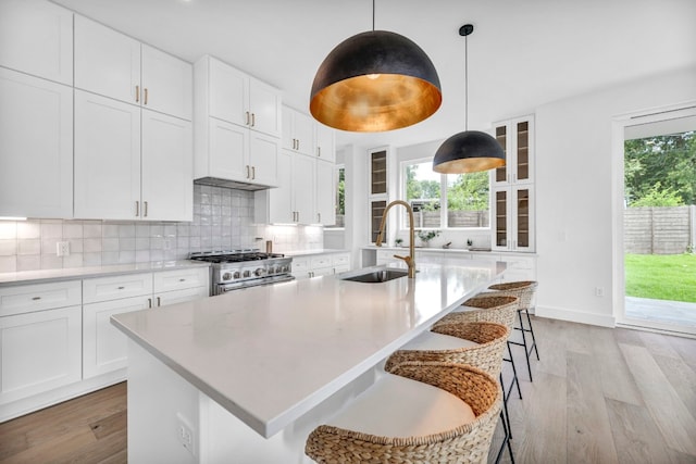 kitchen featuring light countertops, light wood-style flooring, decorative backsplash, a sink, and high end stove