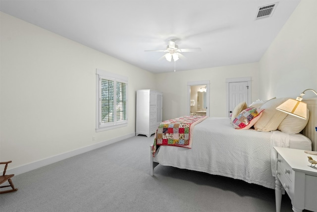 bedroom featuring carpet floors, a ceiling fan, visible vents, baseboards, and ensuite bath