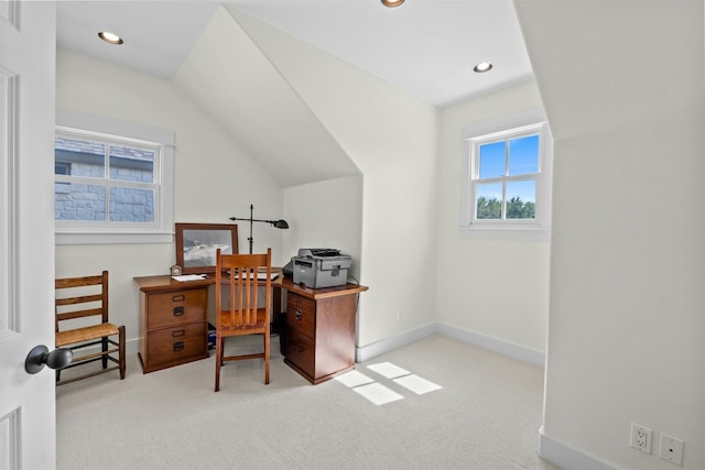 carpeted office featuring baseboards and recessed lighting