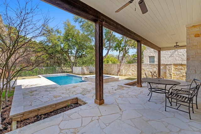 view of pool with a ceiling fan, a fenced in pool, a patio area, and a fenced backyard