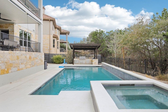 view of swimming pool featuring a fenced backyard, an in ground hot tub, area for grilling, a fenced in pool, and a patio area