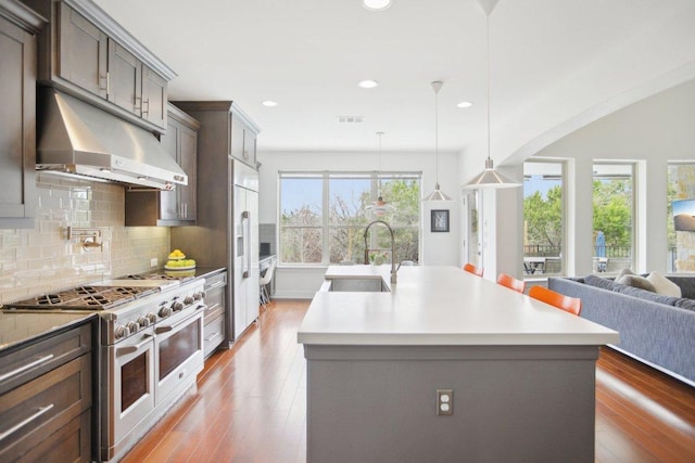 kitchen featuring high end appliances, wood-type flooring, backsplash, a sink, and under cabinet range hood