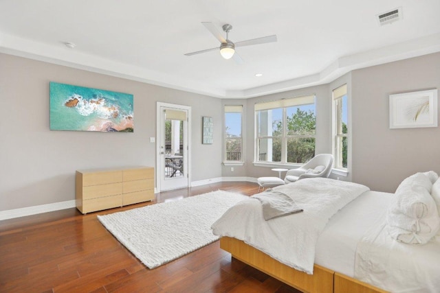 bedroom with recessed lighting, visible vents, ceiling fan, wood finished floors, and baseboards