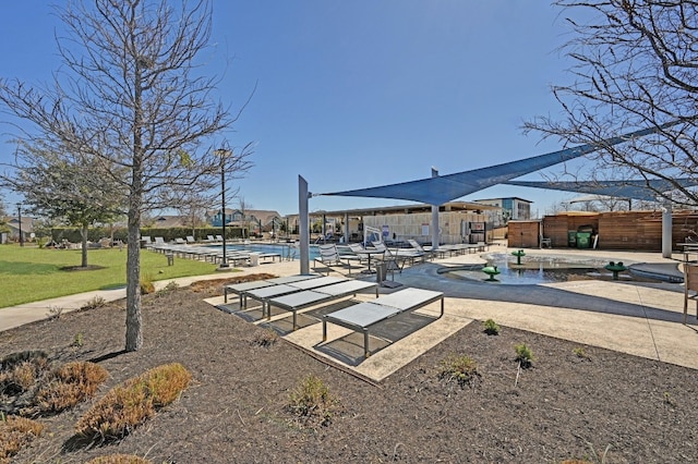 view of home's community with a patio area, a swimming pool, and fence