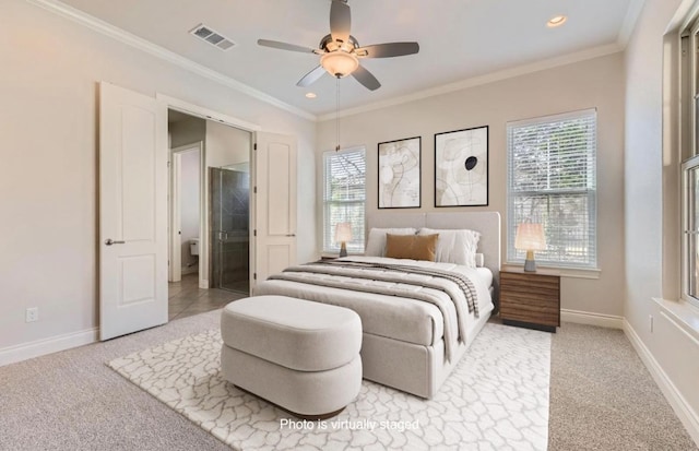 304 Belforte Ave, Austin, TX 78734 - carpeted bedroom featuring baseboards, crown molding, recessed lighting, and a ceiling fan