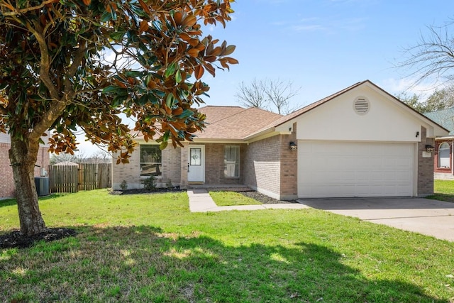 ranch-style house with a garage, brick siding, fence, concrete driveway, and a front yard