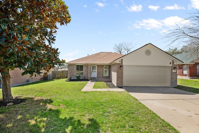 single story home with a garage, driveway, fence, a front lawn, and brick siding