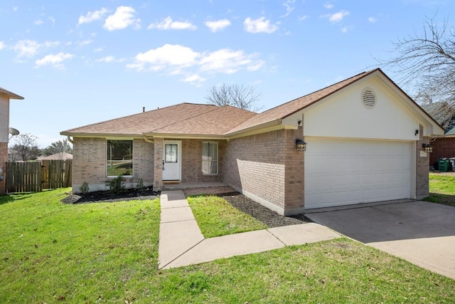 single story home featuring a garage, concrete driveway, fence, a front lawn, and brick siding