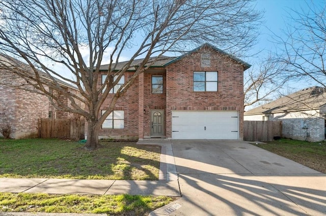 traditional home featuring a front yard, concrete driveway, brick siding, and fence