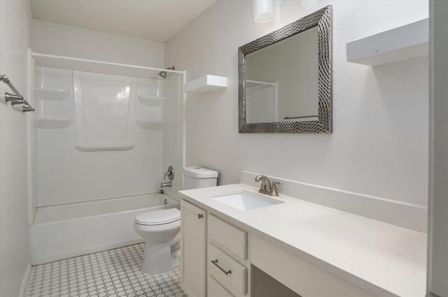 full bath featuring shower / tub combination, tile patterned flooring, vanity, and toilet