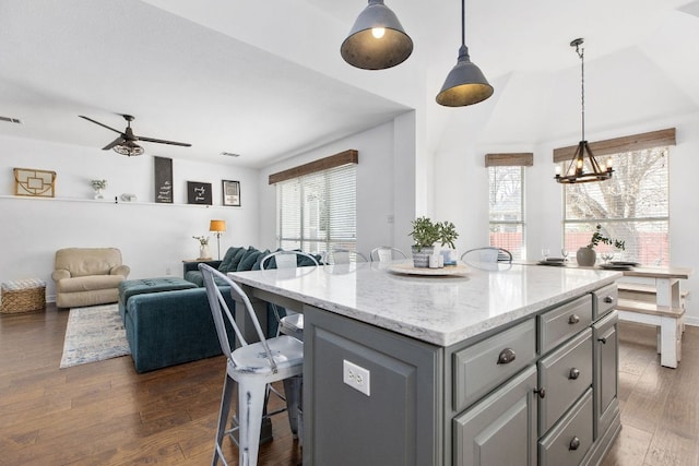 kitchen with a kitchen breakfast bar, a healthy amount of sunlight, dark wood finished floors, and gray cabinetry