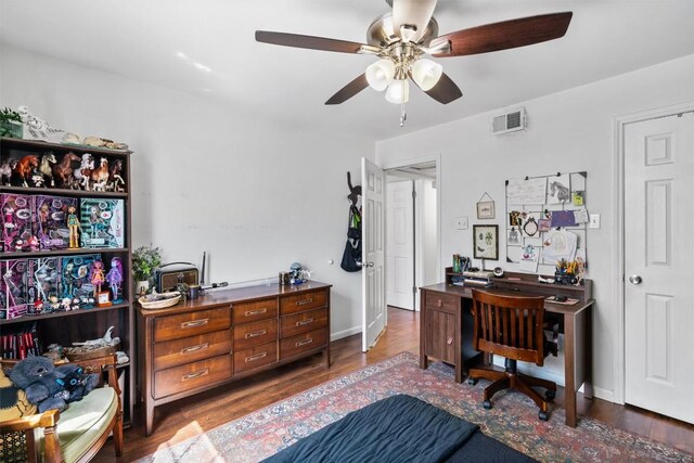 2401 Leon St Unit 208, Austin, TX 78705 - bedroom featuring visible vents, a ceiling fan, and wood finished floors