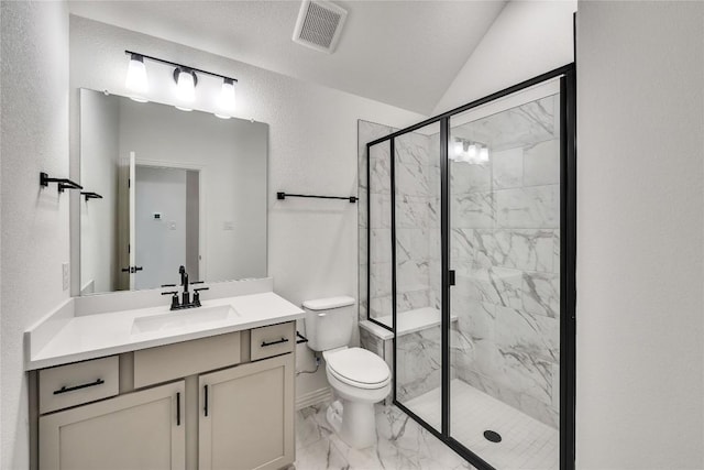 148 Rocky View Ln, Georgetown, TX 78628 - bathroom featuring marble finish floors, vanity, a marble finish shower, and lofted ceiling