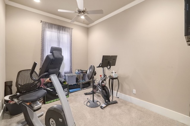 exercise room with carpet, recessed lighting, ornamental molding, ceiling fan, and baseboards