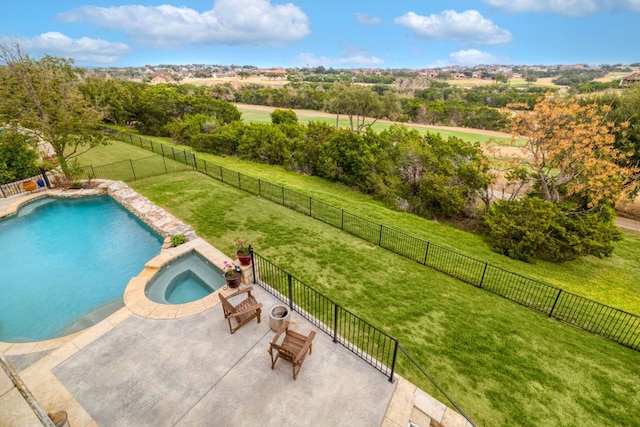 view of pool with a fenced in pool, a fenced backyard, a yard, and an in ground hot tub