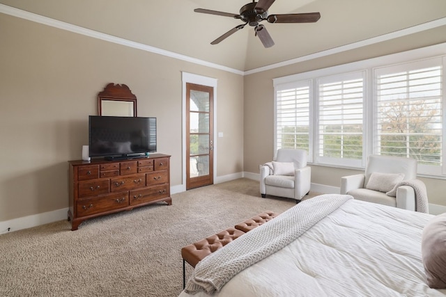 carpeted bedroom featuring multiple windows, crown molding, and baseboards