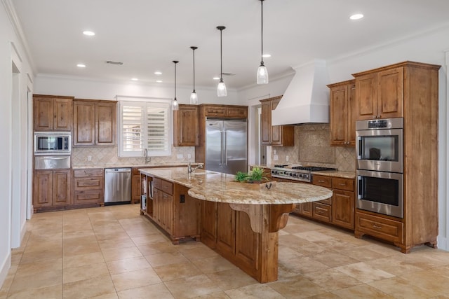 kitchen featuring built in appliances, brown cabinetry, custom exhaust hood, and a warming drawer