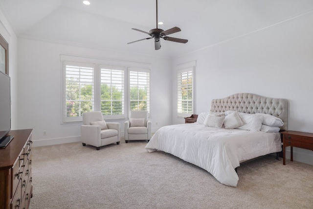 bedroom with a ceiling fan, baseboards, light colored carpet, and recessed lighting