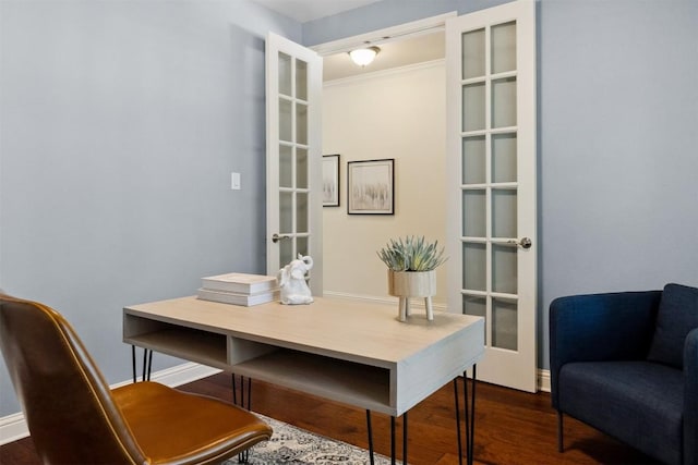 office with dark wood-style flooring, french doors, and baseboards