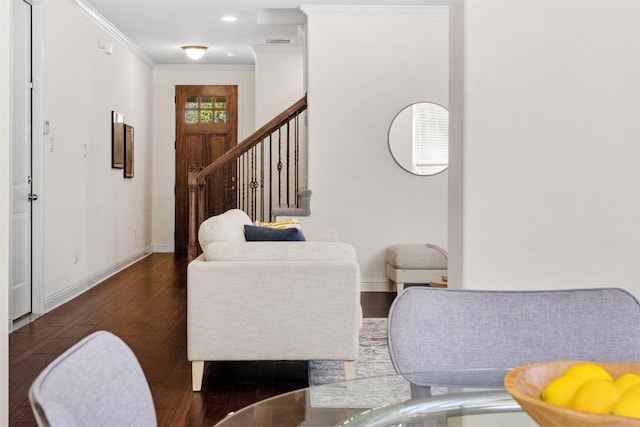 entryway featuring baseboards, stairway, dark wood finished floors, and crown molding