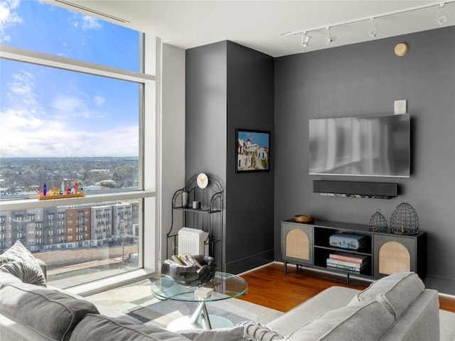 living area featuring expansive windows, wood finished floors, rail lighting, and baseboards