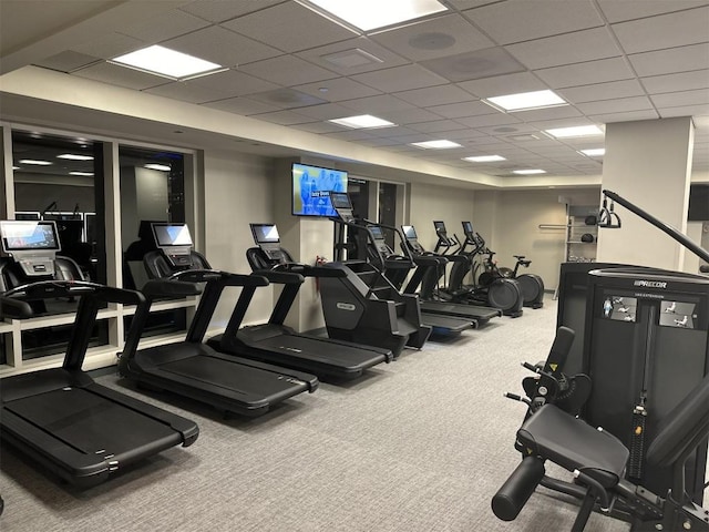 workout area with a drop ceiling and carpet flooring