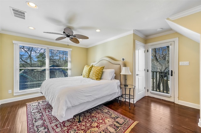 bedroom featuring access to outside, visible vents, crown molding, and wood finished floors