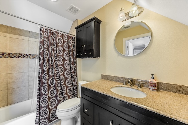 full bath featuring toilet, visible vents, shower / bath combo with shower curtain, and vanity