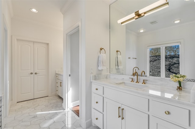 full bathroom with recessed lighting, tile patterned flooring, vanity, and crown molding