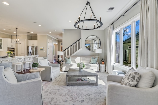 living room featuring recessed lighting, visible vents, stairs, ornamental molding, and an inviting chandelier