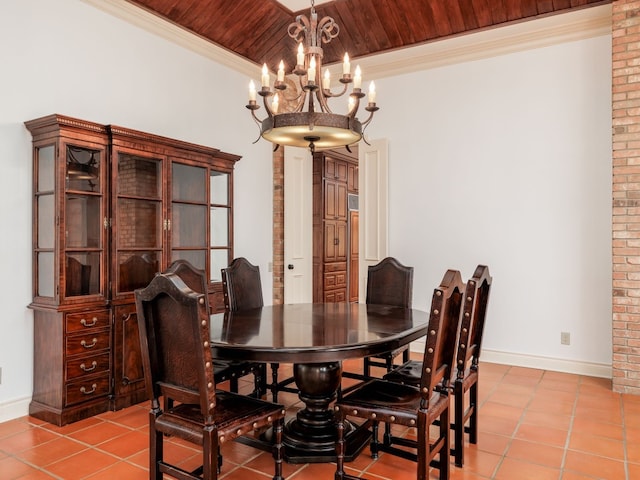 dining space with wooden ceiling, baseboards, crown molding, and light tile patterned flooring