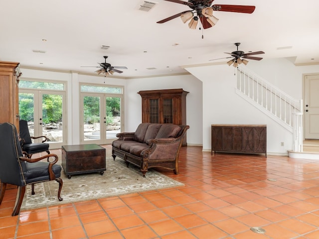 living room with visible vents, ornamental molding, stairs, french doors, and light tile patterned flooring