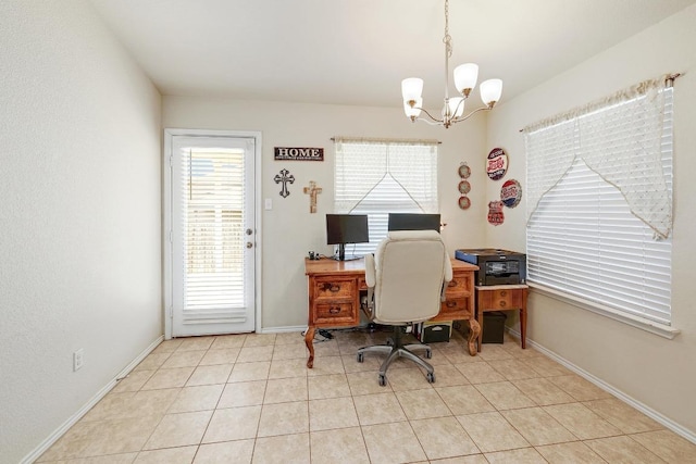 office featuring light tile patterned floors, an inviting chandelier, and baseboards