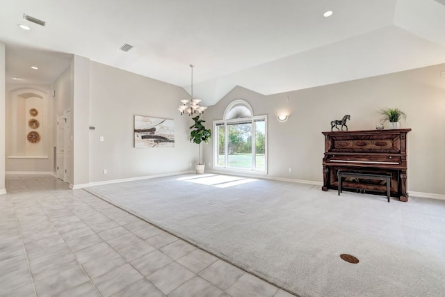 living area featuring recessed lighting, light carpet, vaulted ceiling, a chandelier, and baseboards