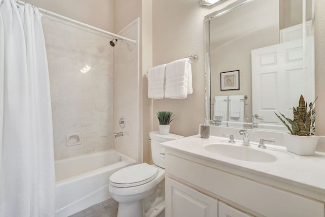 bathroom featuring toilet, tile patterned flooring, shower / bath combo with shower curtain, and vanity