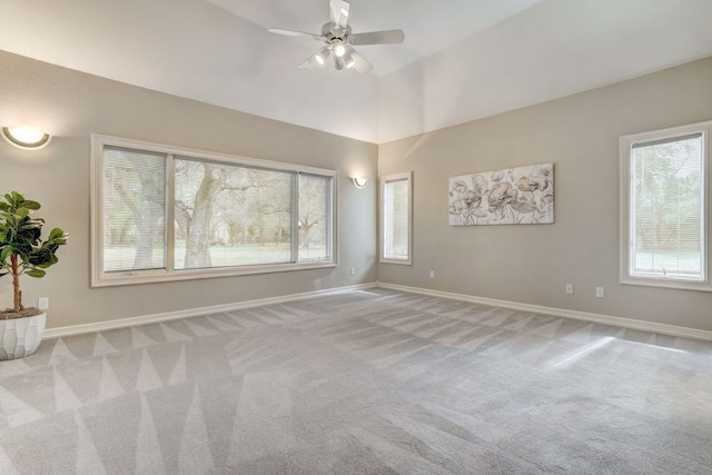 empty room featuring ceiling fan, baseboards, and carpet flooring