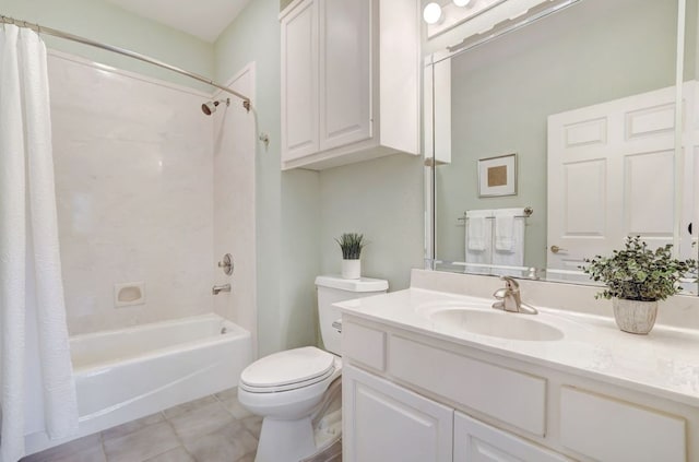 full bath featuring toilet, shower / tub combo, tile patterned flooring, and vanity