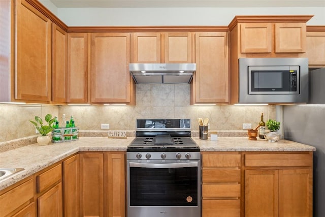 kitchen with under cabinet range hood, stainless steel appliances, and decorative backsplash