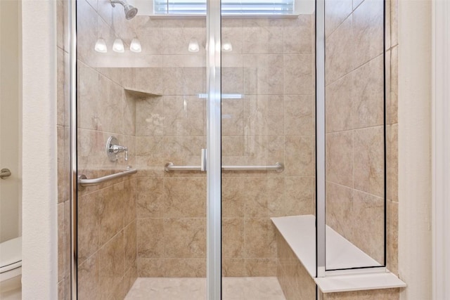 bathroom featuring a stall shower and toilet