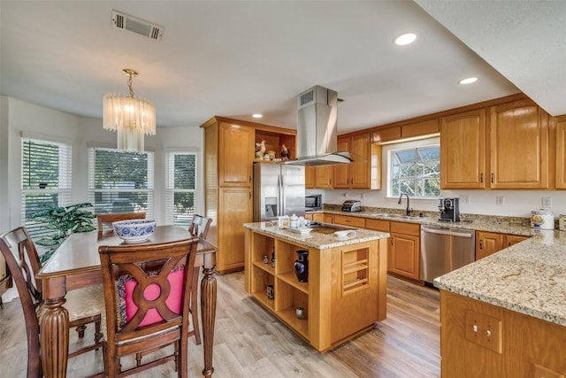 kitchen with visible vents, appliances with stainless steel finishes, island range hood, and open shelves