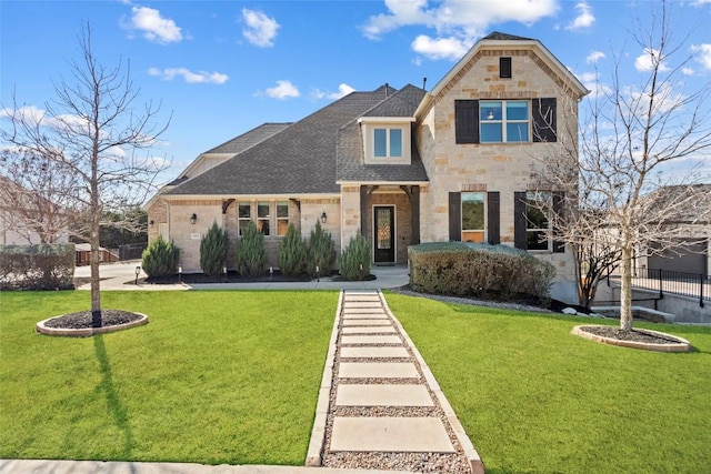 view of front of house featuring stone siding, roof with shingles, a front yard, and fence