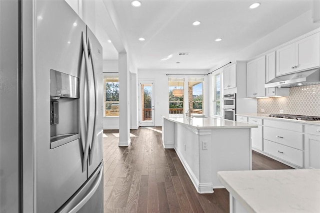 kitchen with dark wood finished floors, decorative backsplash, stainless steel appliances, under cabinet range hood, and a sink