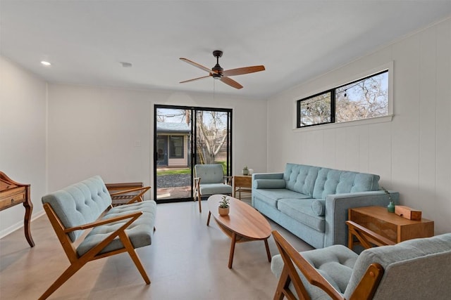 living area with plenty of natural light, recessed lighting, and ceiling fan