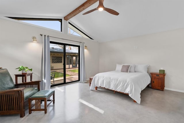 bedroom with access to exterior, finished concrete flooring, baseboards, ceiling fan, and vaulted ceiling with beams